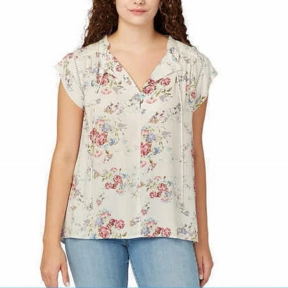 Buffalo David Bitton Cream Floral V-Neck Cap Sleeve Top size L